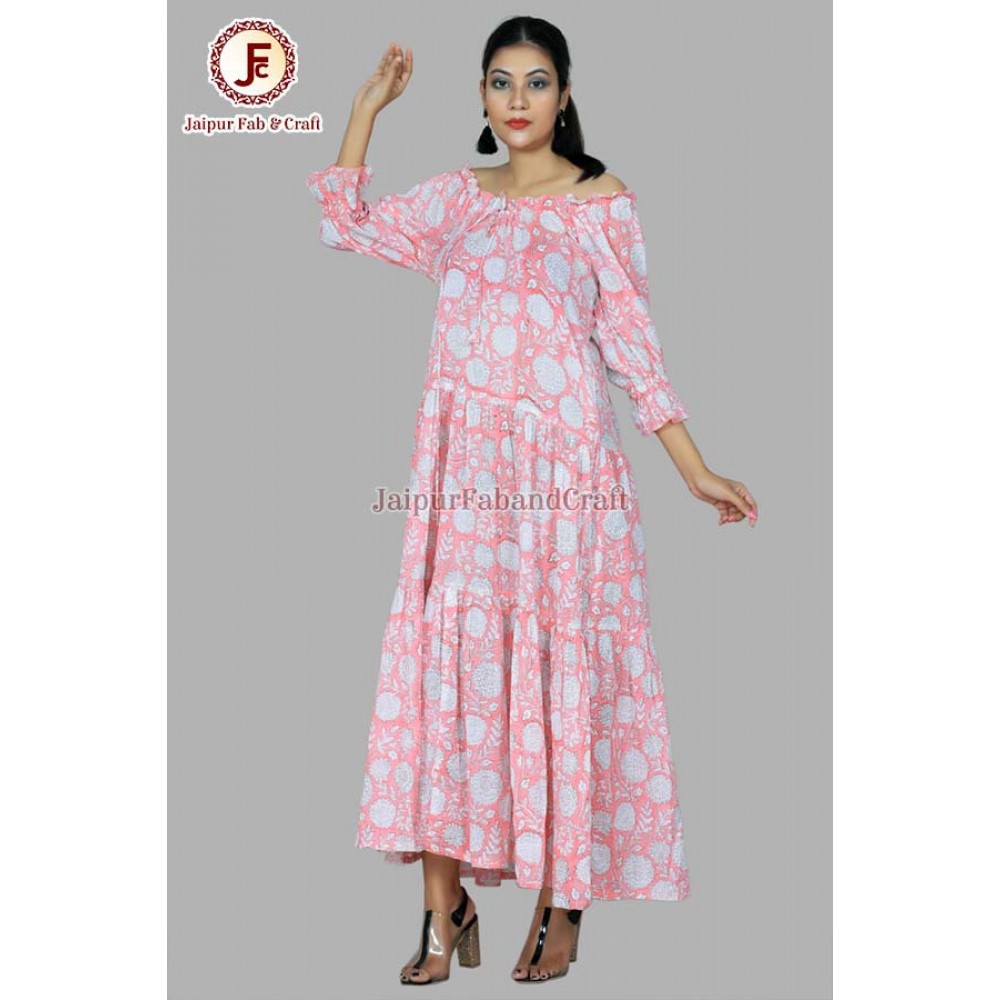 Women hand Block Floral print tried off sholder dress
