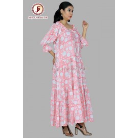 Women hand Block Floral print tried off sholder dress