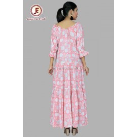 Women hand Block Floral print tried off sholder dress