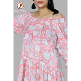 Women hand Block Floral print tried off sholder dress
