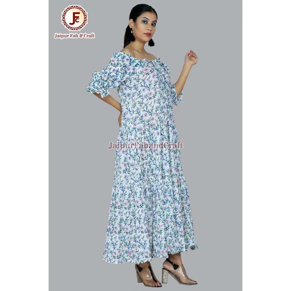 Women hand Block Floral print tired, off shoulder dress