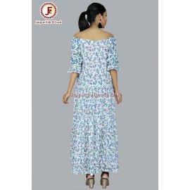 Women hand Block Floral print tired, off shoulder dress