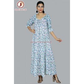 Women hand Block Floral print tired, off shoulder dress