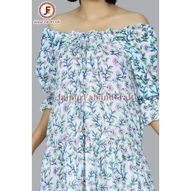 Women hand Block Floral print tired, off shoulder dress