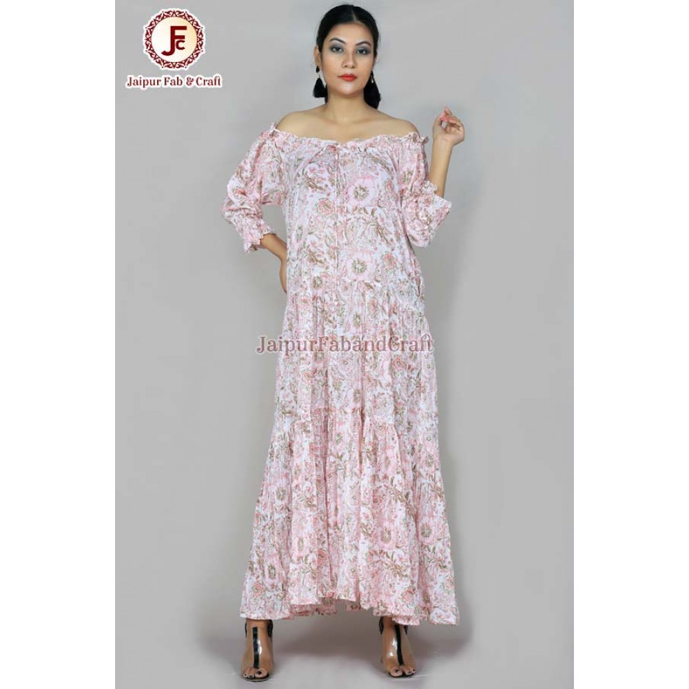 Women hand Block Floral print tired off shoulder dress