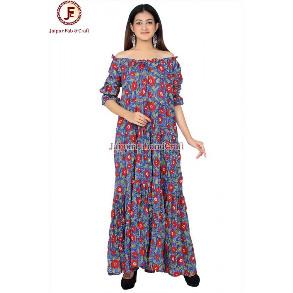 Women hand Block Floral print tired, off shoulder dress