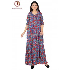 Women hand Block Floral print tired, off shoulder dress