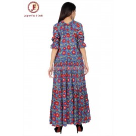 Women hand Block Floral print tired, off shoulder dress