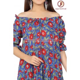 Women hand Block Floral print tired, off shoulder dress